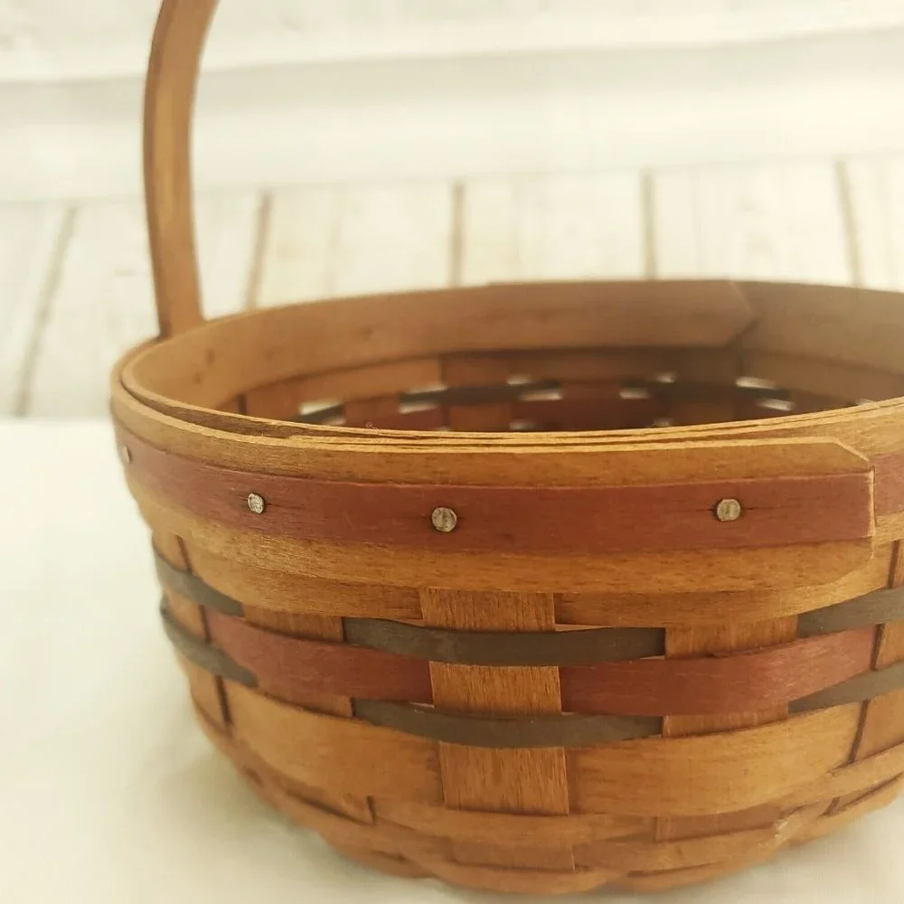 Longaberger Brown 1989 Round Shape Wood Handwoven Basket With Fixed Handle